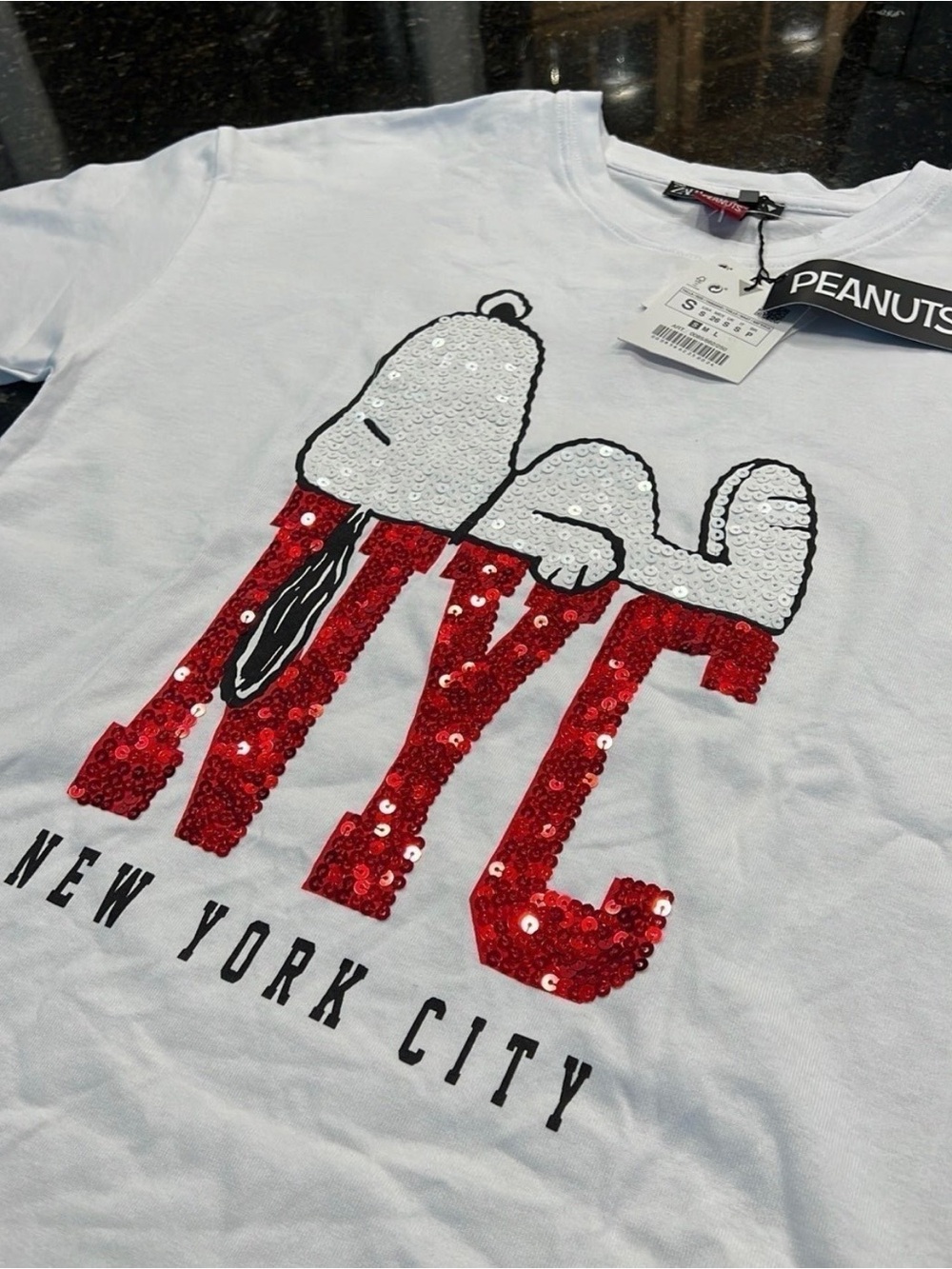Zara Women Tee with Red Sequin 'NYC' Snoopy Peanuts Graphic New